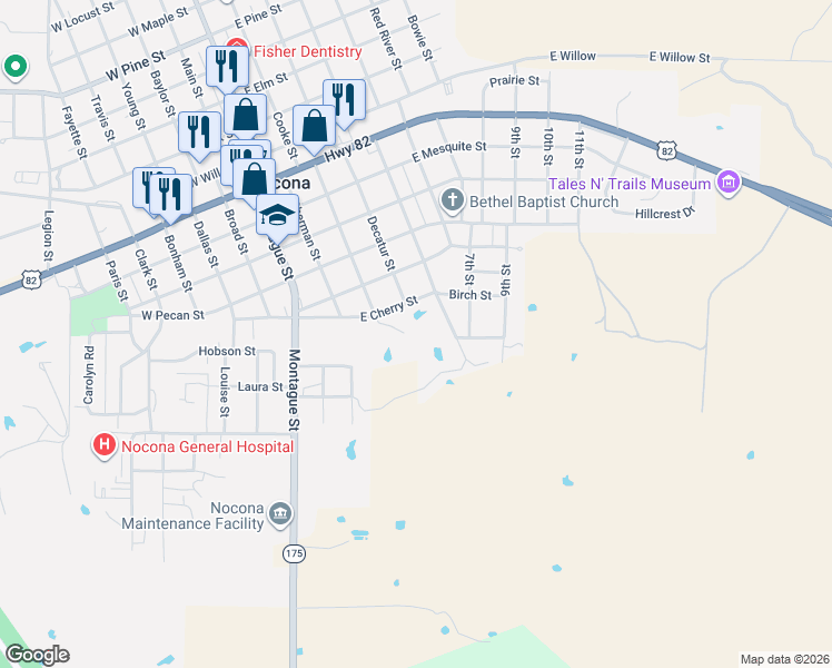 map of restaurants, bars, coffee shops, grocery stores, and more near 200 East Cherry Street in Nocona