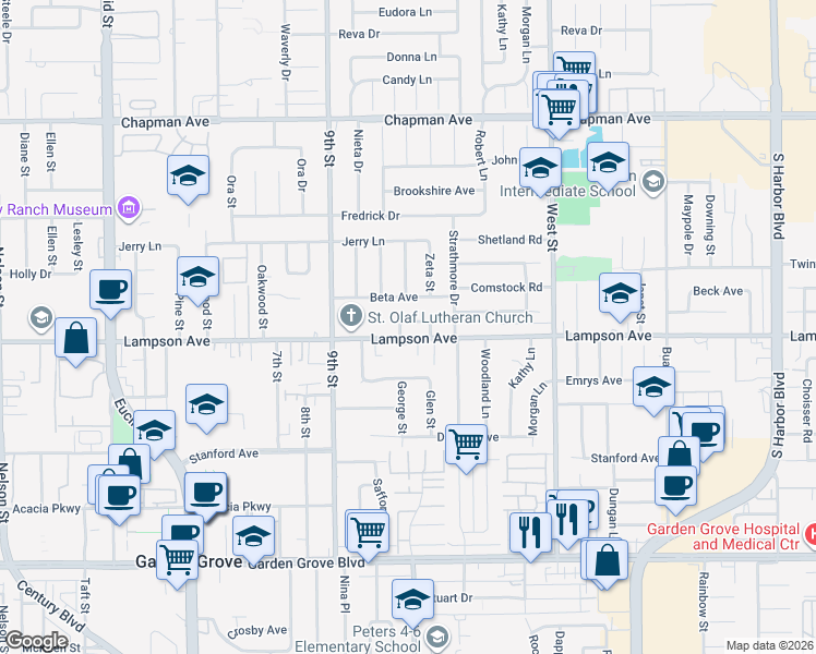 map of restaurants, bars, coffee shops, grocery stores, and more near 11662 Pickett Lane in Garden Grove