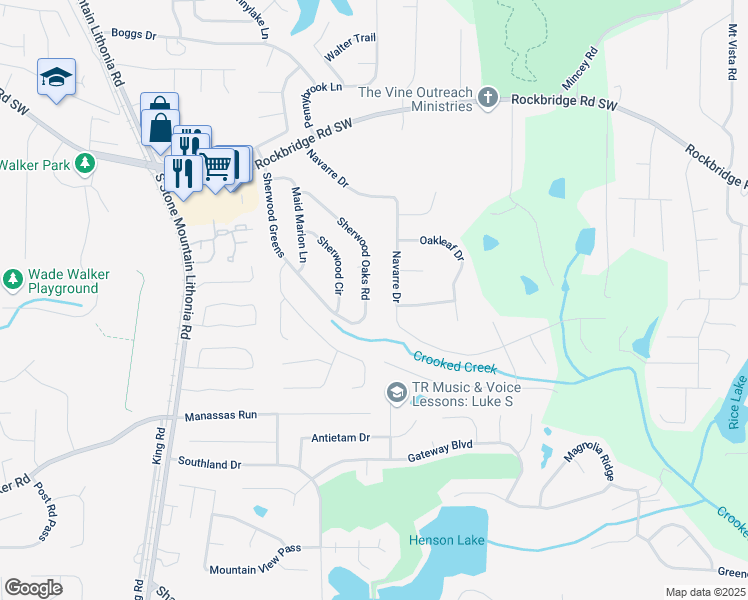 map of restaurants, bars, coffee shops, grocery stores, and more near 545 Navarre Drive in Stone Mountain
