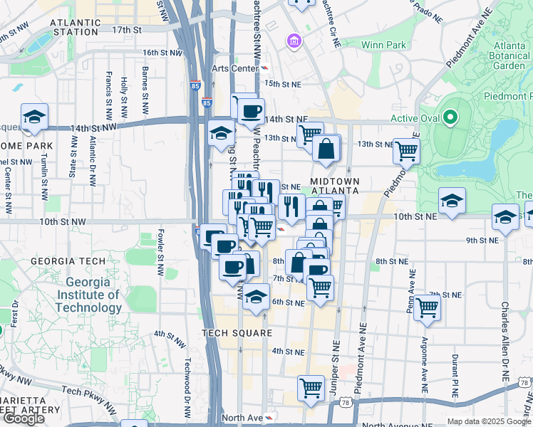 map of restaurants, bars, coffee shops, grocery stores, and more near 10 10th Street Northwest in Atlanta