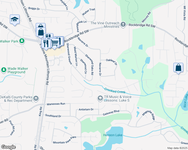map of restaurants, bars, coffee shops, grocery stores, and more near 545 Navarre Drive in Stone Mountain