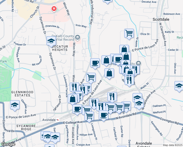 map of restaurants, bars, coffee shops, grocery stores, and more near 210 Dekalb Industrial Way in Decatur