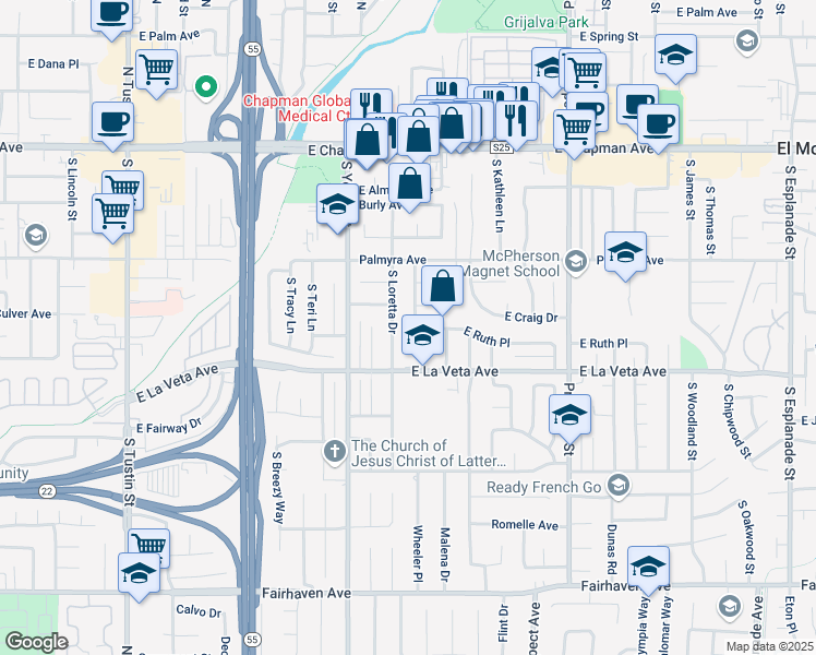map of restaurants, bars, coffee shops, grocery stores, and more near 418 South Wheeler Place in Orange
