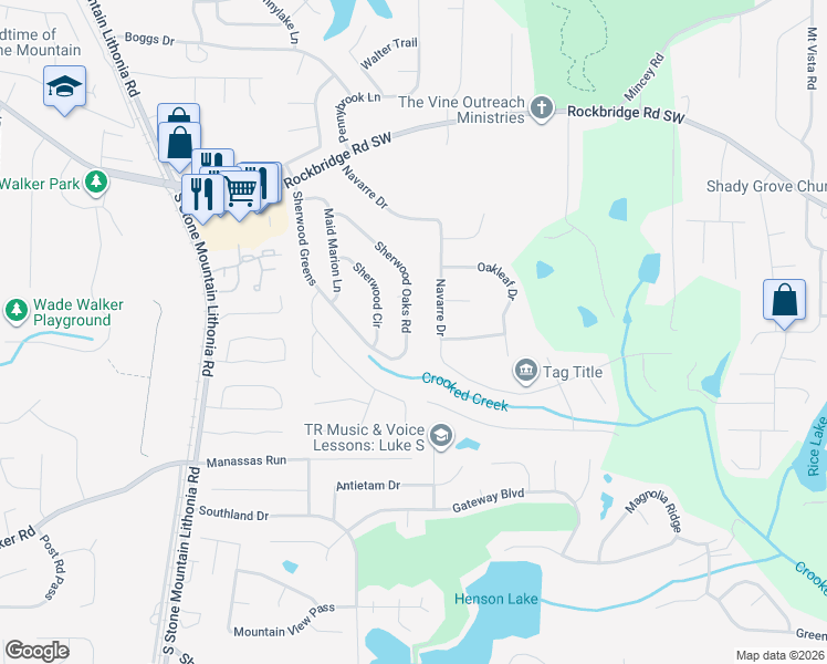 map of restaurants, bars, coffee shops, grocery stores, and more near 554 Sherwood Oaks Road in Stone Mountain