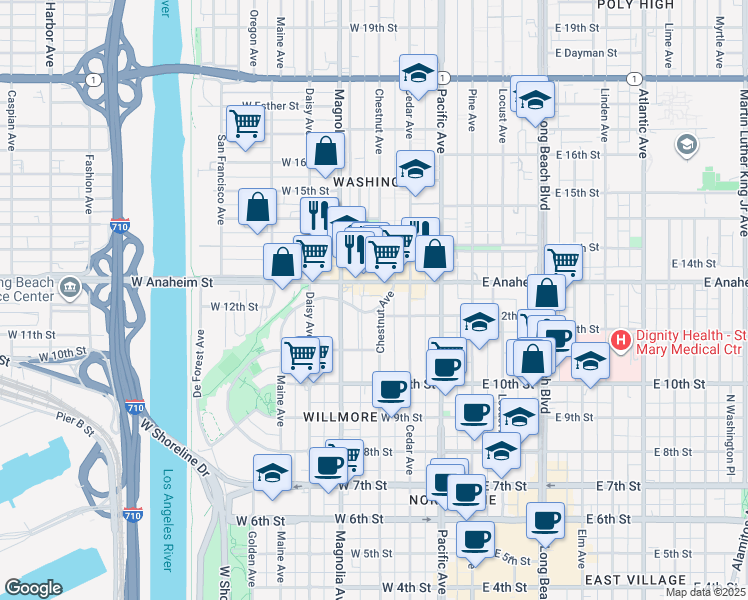 map of restaurants, bars, coffee shops, grocery stores, and more near 1259 North Loma Vista Drive in Long Beach