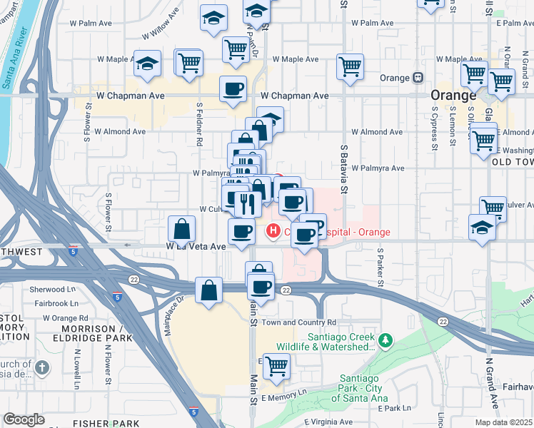 map of restaurants, bars, coffee shops, grocery stores, and more near 445A South Main Street in Orange
