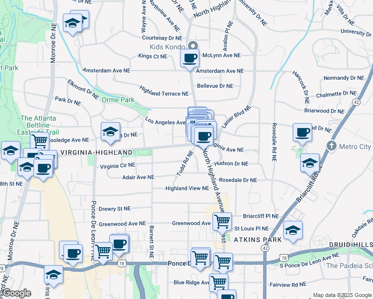map of restaurants, bars, coffee shops, grocery stores, and more near 988 Rupley Drive Northeast in Atlanta