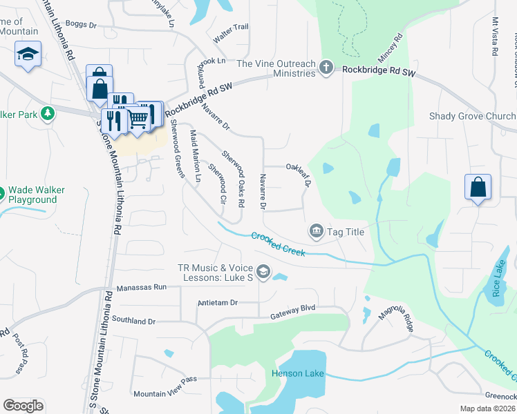 map of restaurants, bars, coffee shops, grocery stores, and more near 529 Navarre Drive in Stone Mountain