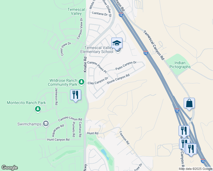 map of restaurants, bars, coffee shops, grocery stores, and more near 9195 Stone Canyon Road in Corona
