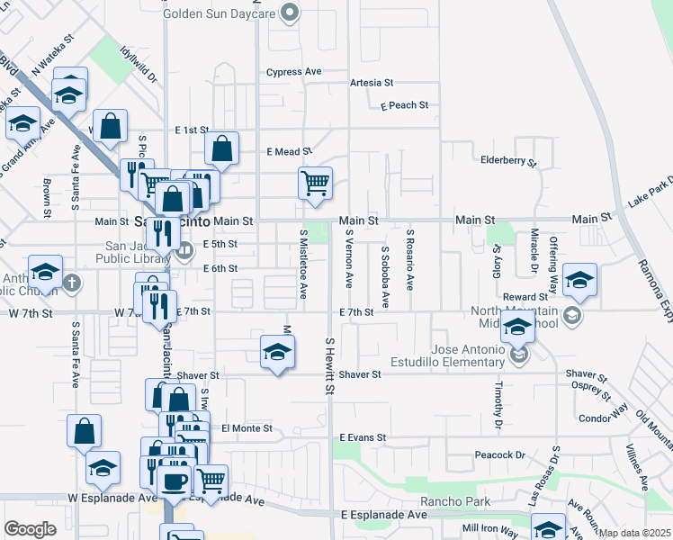 map of restaurants, bars, coffee shops, grocery stores, and more near 585 South Hewitt Street in San Jacinto