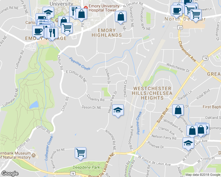 map of restaurants, bars, coffee shops, grocery stores, and more near 263 Vickers Drive in Decatur