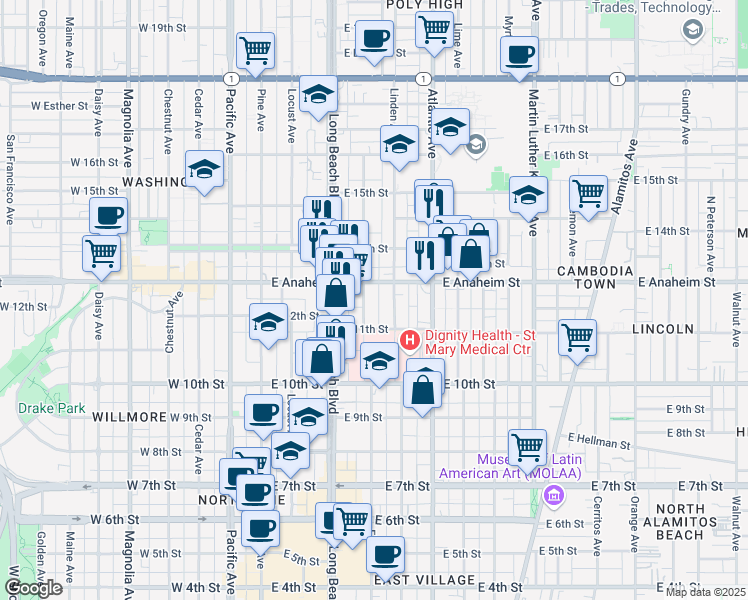map of restaurants, bars, coffee shops, grocery stores, and more near 1142 Elm Avenue in Long Beach
