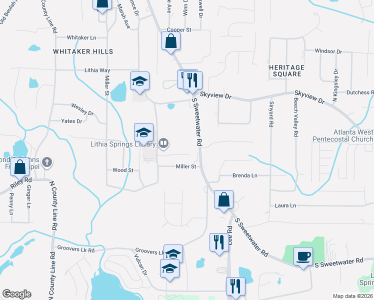 map of restaurants, bars, coffee shops, grocery stores, and more near 2531 Sweetridge Court in Lithia Springs