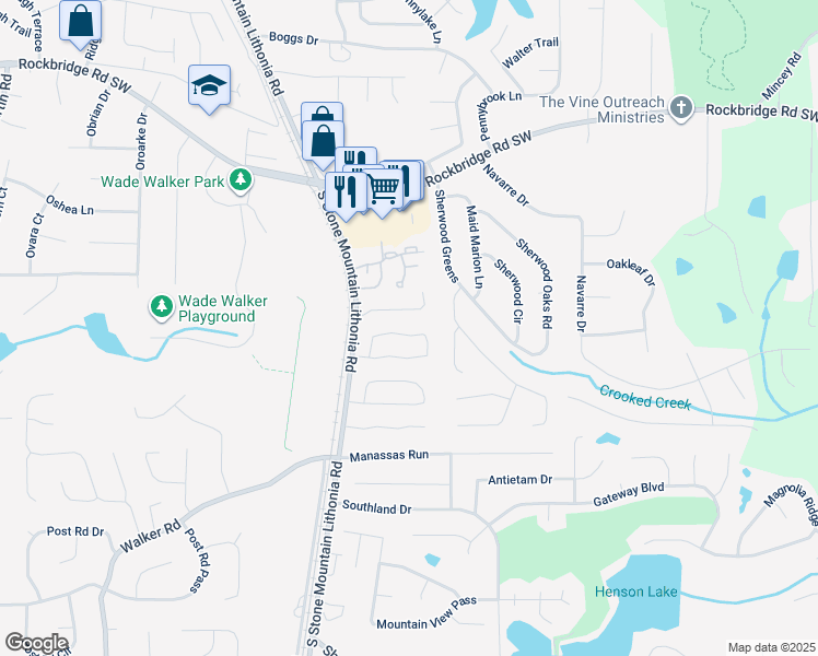 map of restaurants, bars, coffee shops, grocery stores, and more near 5702 Wells Circle in Stone Mountain
