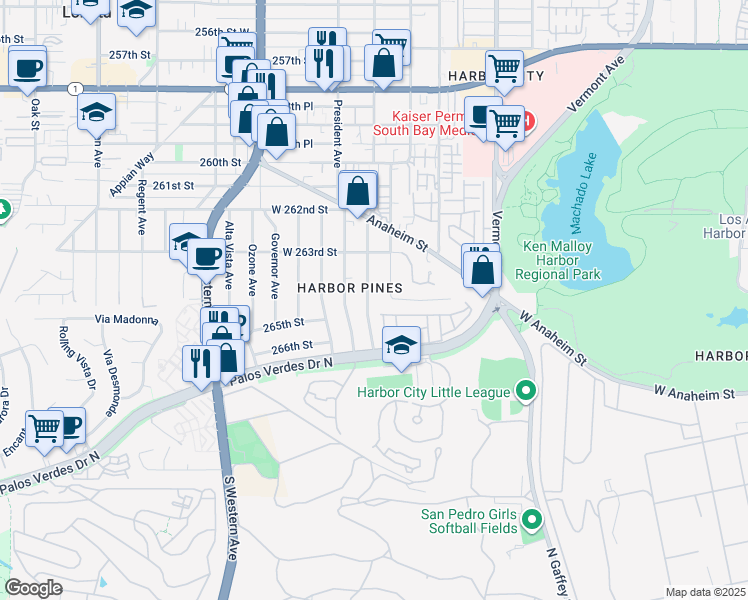 map of restaurants, bars, coffee shops, grocery stores, and more near 26430 President Avenue in Los Angeles