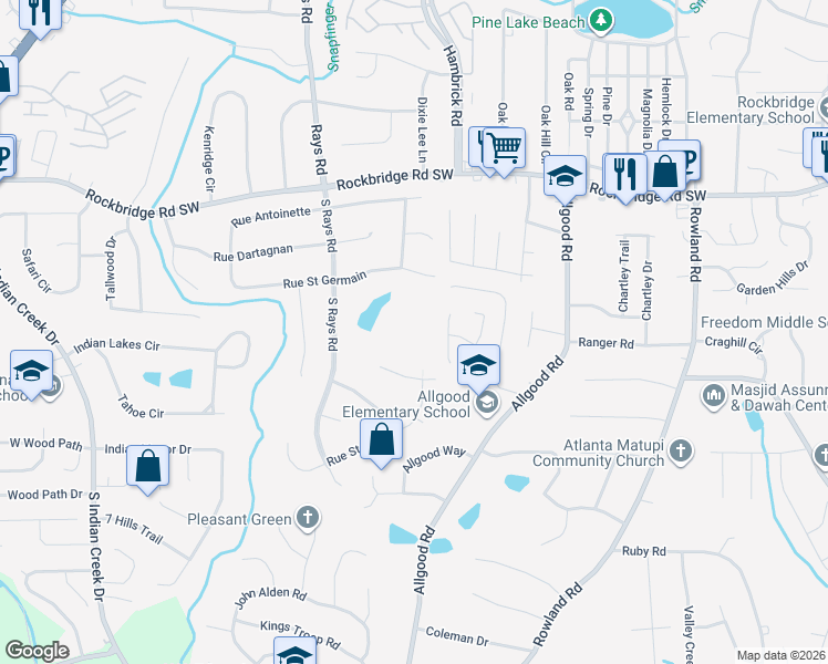 map of restaurants, bars, coffee shops, grocery stores, and more near 550 South Rays Road in Stone Mountain