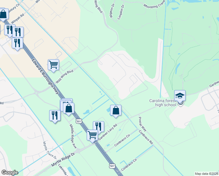 map of restaurants, bars, coffee shops, grocery stores, and more near 348 Wildwing Boulevard in Conway