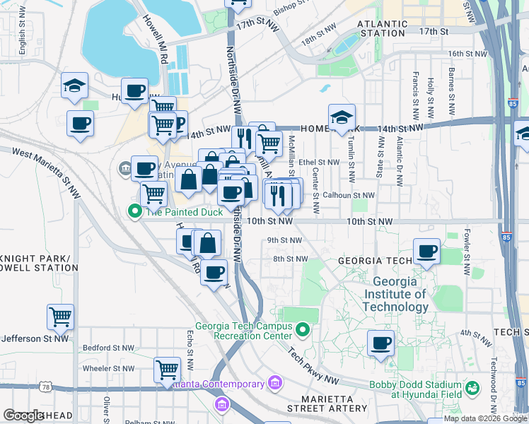 map of restaurants, bars, coffee shops, grocery stores, and more near 591 10th Street Northwest in Atlanta
