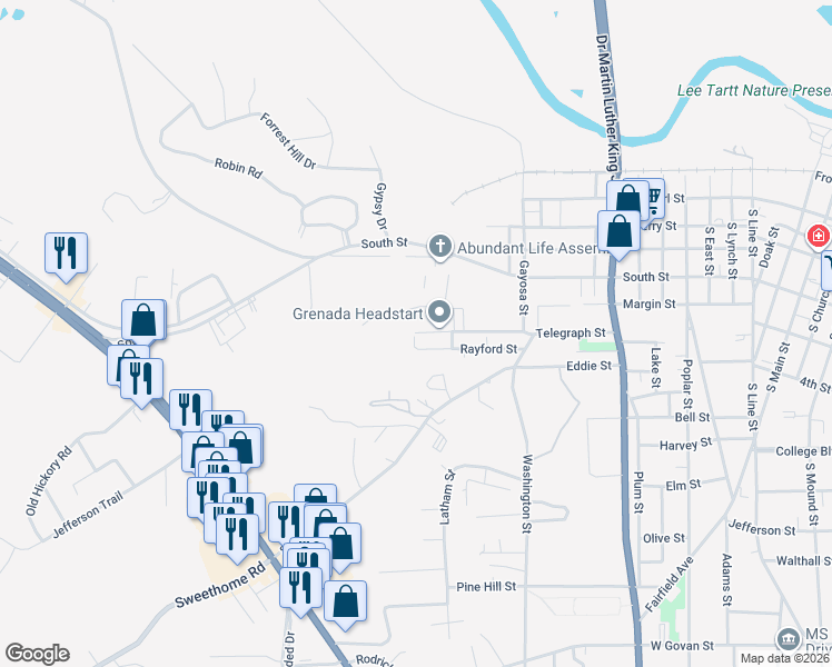 map of restaurants, bars, coffee shops, grocery stores, and more near 1107 Rayford Street in Grenada