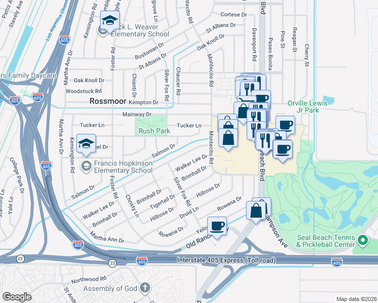 map of restaurants, bars, coffee shops, grocery stores, and more near 3092 Copa De Oro Drive in Los Alamitos