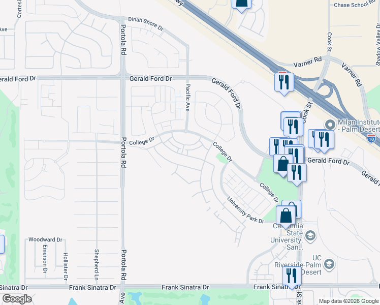 map of restaurants, bars, coffee shops, grocery stores, and more near College Drive in Palm Desert