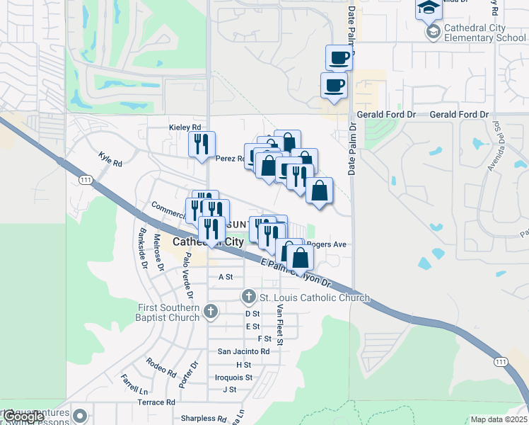 map of restaurants, bars, coffee shops, grocery stores, and more near 36700 Pickfair Street in Cathedral City
