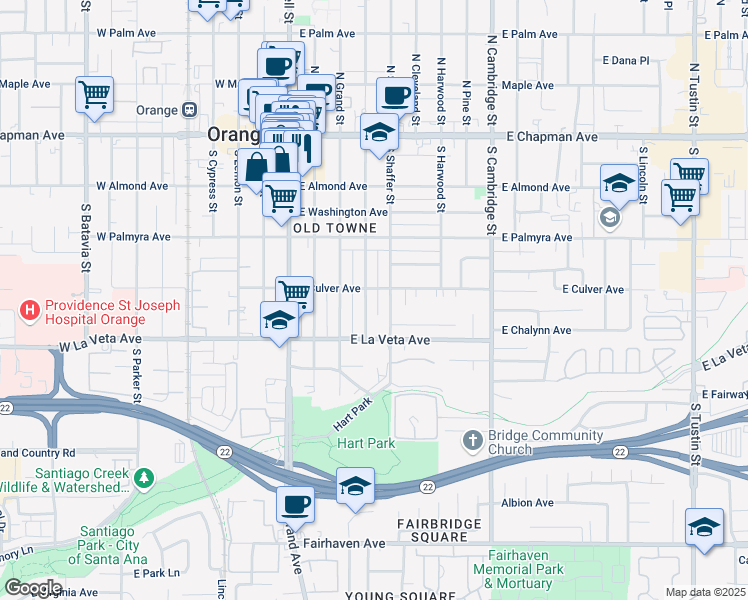 map of restaurants, bars, coffee shops, grocery stores, and more near 452 South Shaffer Street in Orange