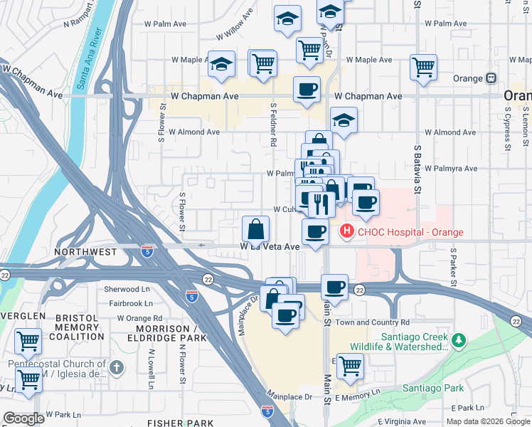 map of restaurants, bars, coffee shops, grocery stores, and more near 432 South Devon Road in Orange