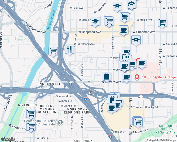 map of restaurants, bars, coffee shops, grocery stores, and more near 434 South Lilac Lane in Orange