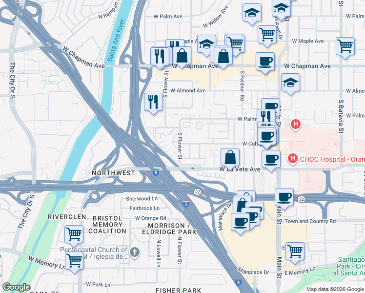 map of restaurants, bars, coffee shops, grocery stores, and more near 435 South Flower Street in Orange