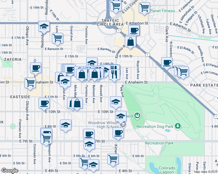 map of restaurants, bars, coffee shops, grocery stores, and more near 1137 Bennett Avenue in Long Beach