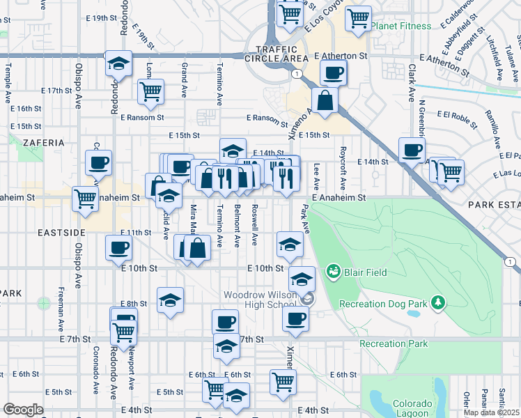 map of restaurants, bars, coffee shops, grocery stores, and more near 1137 Bennett Avenue in Long Beach