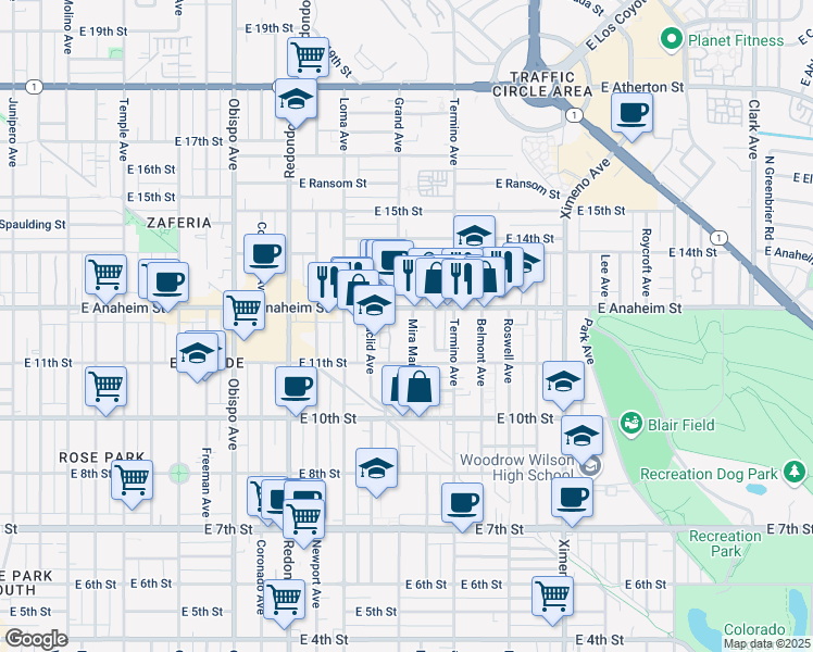 map of restaurants, bars, coffee shops, grocery stores, and more near 1146 Mira Mar Avenue in Long Beach