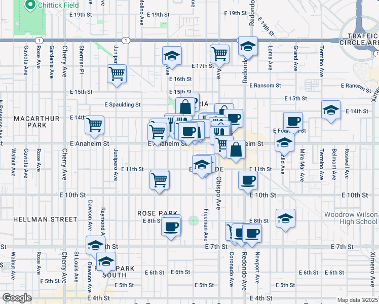 map of restaurants, bars, coffee shops, grocery stores, and more near 1136 Orizaba Avenue in Long Beach