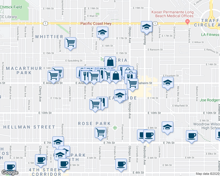 map of restaurants, bars, coffee shops, grocery stores, and more near 1137 Gladys Avenue in Long Beach