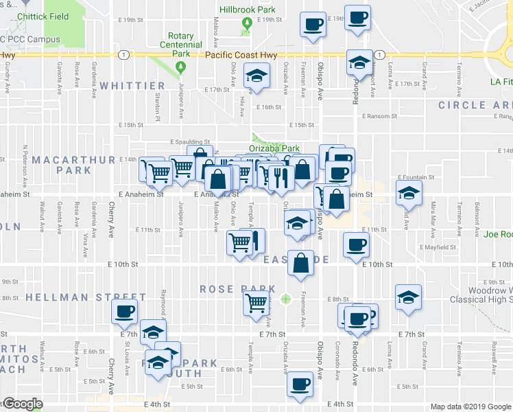 map of restaurants, bars, coffee shops, grocery stores, and more near 1137 Gladys Avenue in Long Beach