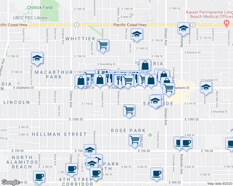 map of restaurants, bars, coffee shops, grocery stores, and more near 1138 Molino Avenue in Long Beach