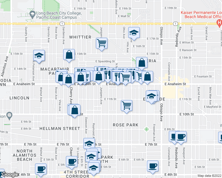 map of restaurants, bars, coffee shops, grocery stores, and more near 1129 Stanley Avenue in Long Beach