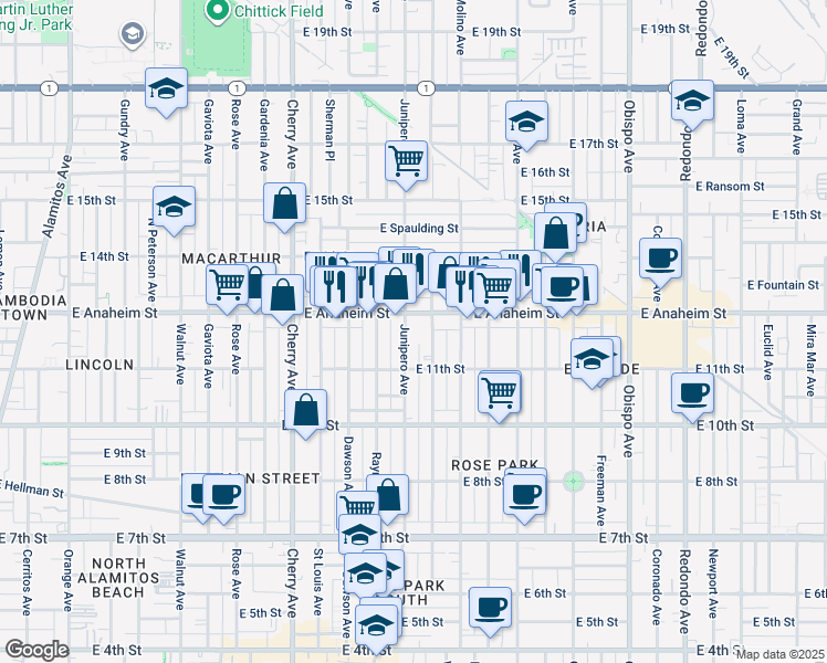 map of restaurants, bars, coffee shops, grocery stores, and more near 1129 Stanley Avenue in Long Beach