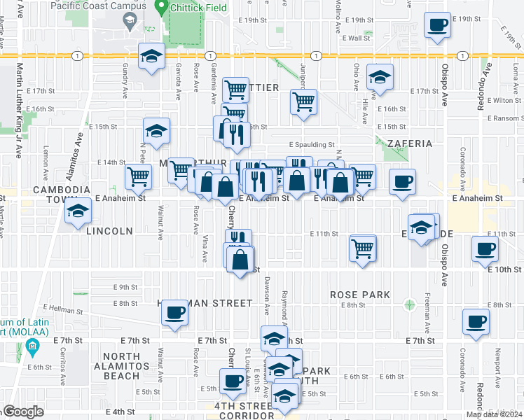 map of restaurants, bars, coffee shops, grocery stores, and more near 1130 Dawson Avenue in Long Beach