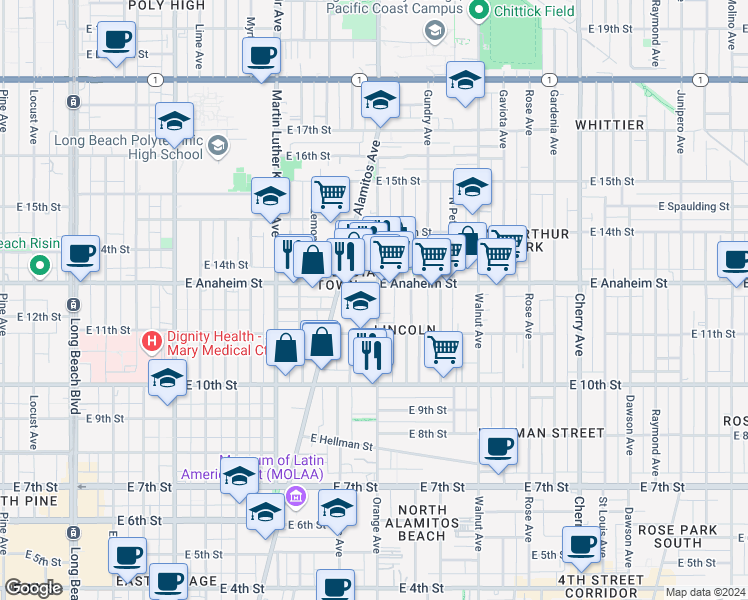 map of restaurants, bars, coffee shops, grocery stores, and more near 1148 Orange Avenue in Long Beach