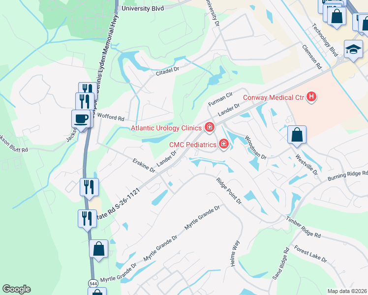 map of restaurants, bars, coffee shops, grocery stores, and more near 600 State Road S-26-1121 in Conway