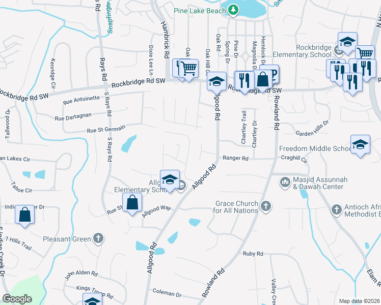 map of restaurants, bars, coffee shops, grocery stores, and more near 586 Woodcrest Manor Drive in Stone Mountain