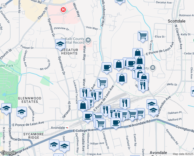map of restaurants, bars, coffee shops, grocery stores, and more near 240 North Arcadia Avenue in Decatur