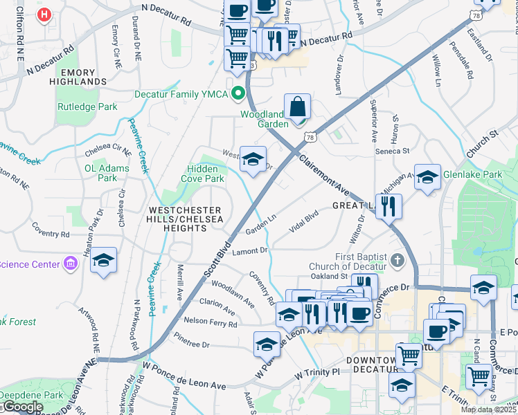 map of restaurants, bars, coffee shops, grocery stores, and more near 205 Garden Lane in Decatur