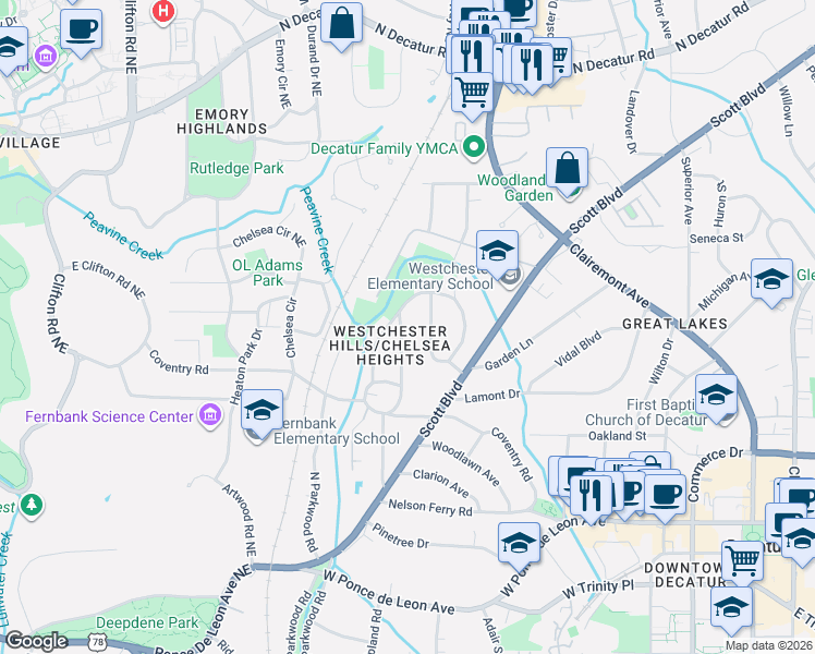 map of restaurants, bars, coffee shops, grocery stores, and more near 251 Chelsea Drive in Decatur