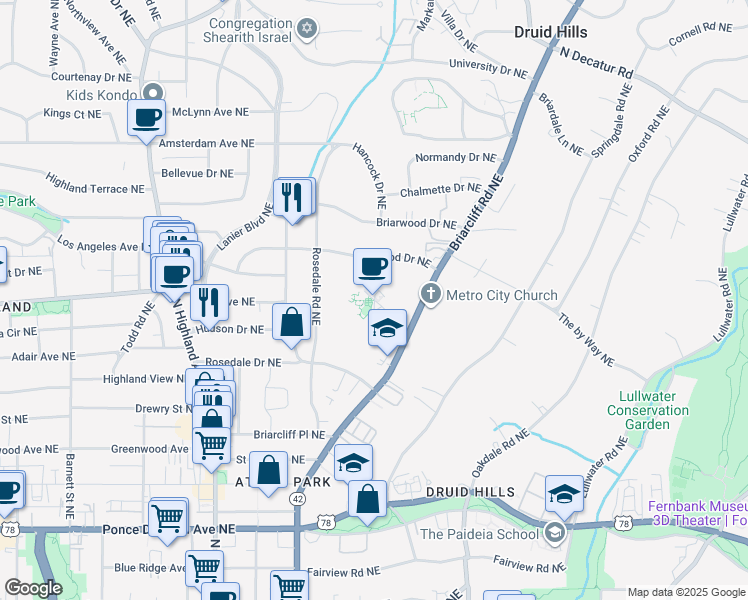 map of restaurants, bars, coffee shops, grocery stores, and more near 980 Briarcliff Rd NE in Atlanta