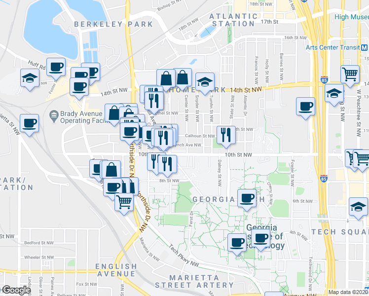 map of restaurants, bars, coffee shops, grocery stores, and more near 497 10th Street Northwest in Atlanta