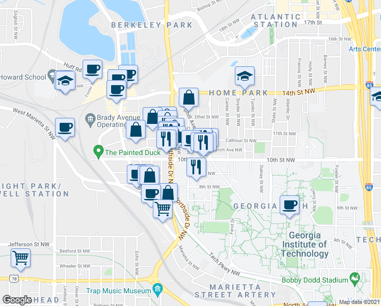 map of restaurants, bars, coffee shops, grocery stores, and more near 591 10th Street Northwest in Atlanta