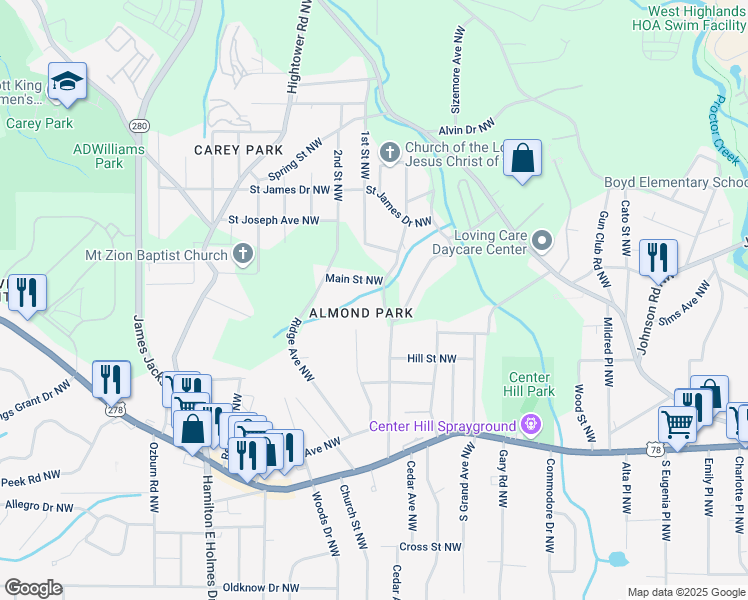 map of restaurants, bars, coffee shops, grocery stores, and more near 998 Lookout Avenue Northwest in Atlanta